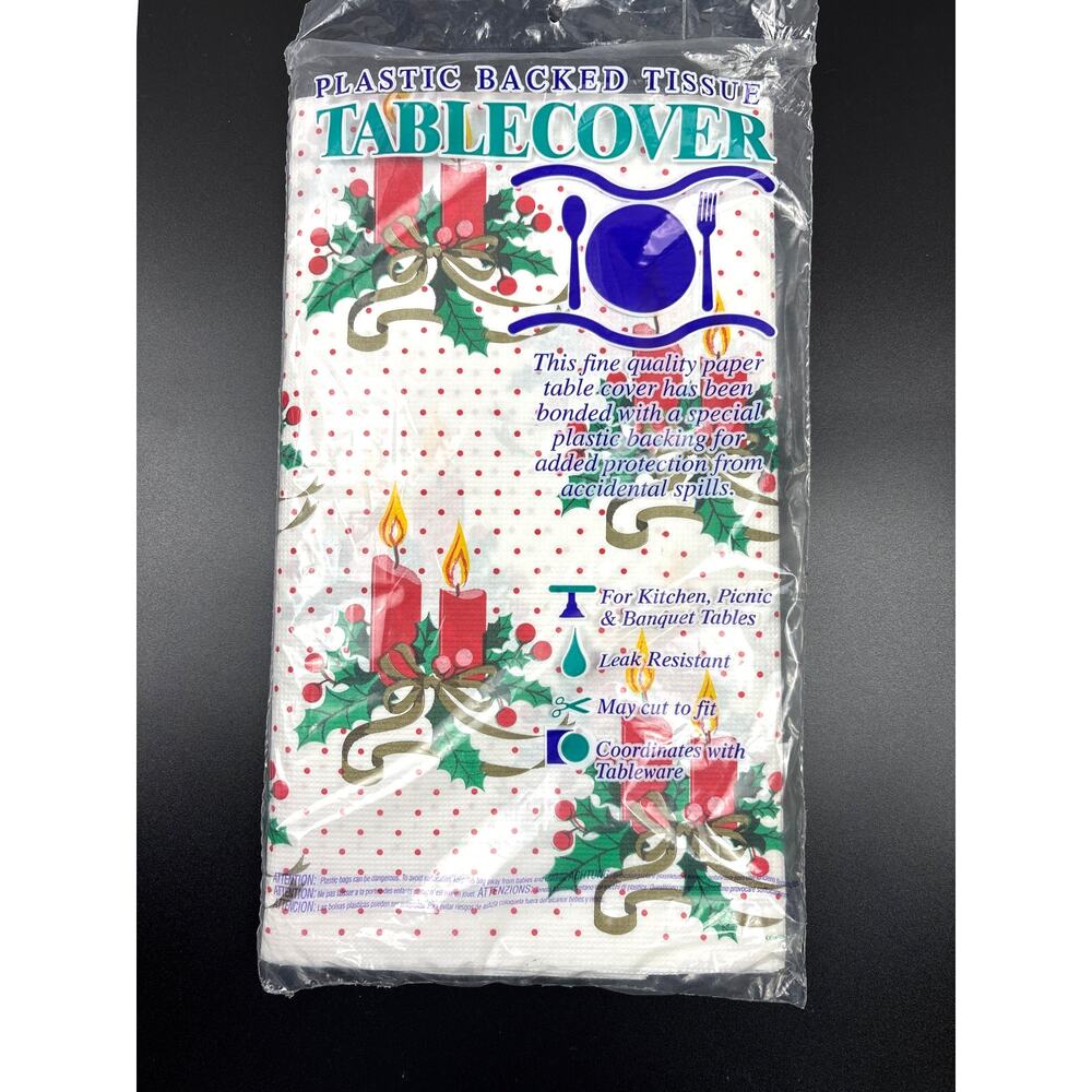 Vintage 90s Holiday Plastic Backed Table Cover NOS Candles with Holly Design